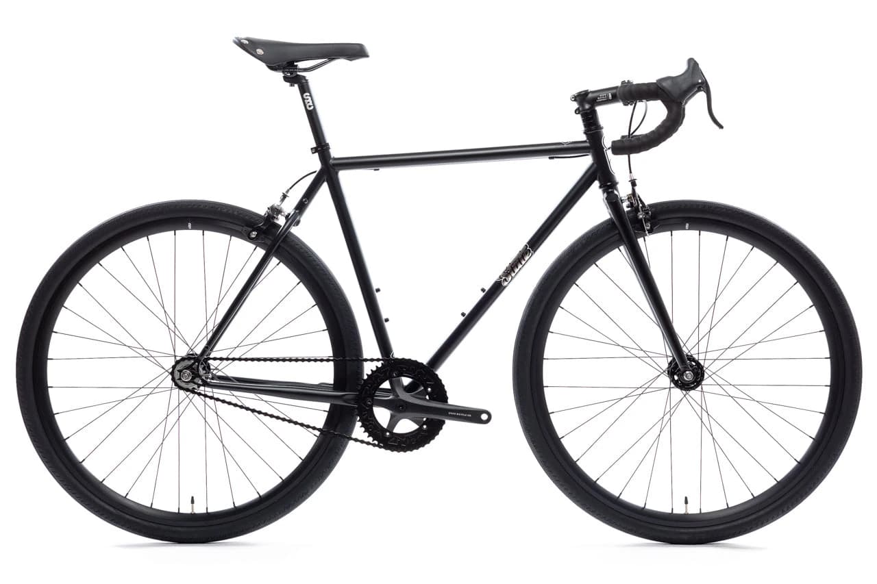 Black State Bicycle Co. 4130 fixed-gear bicycle shown from the drive side